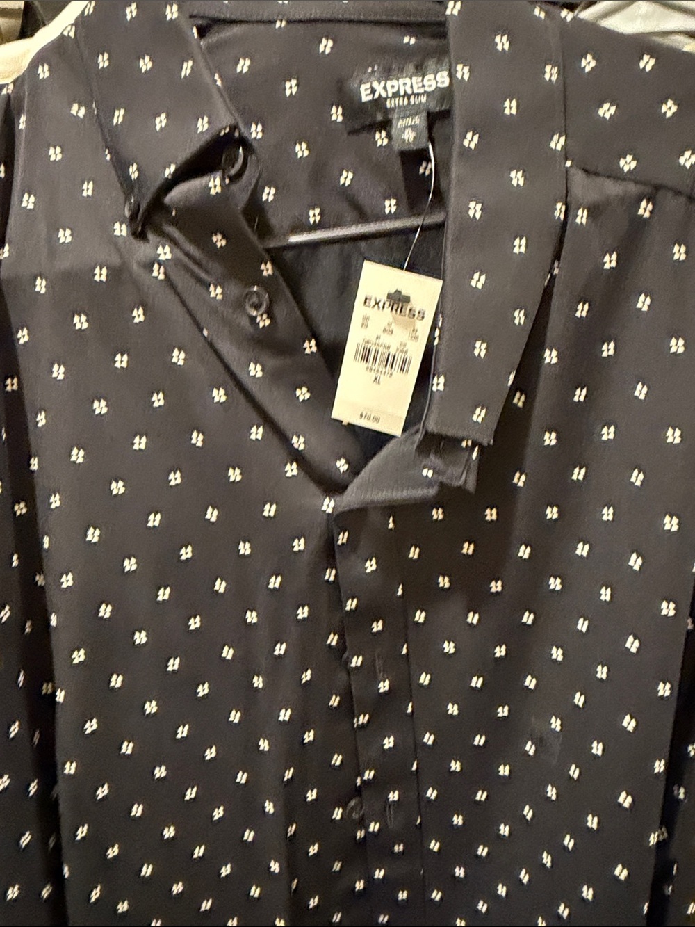 Express Men's Black Button-Down Shirt with Small White Geometric Print